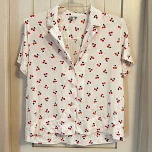 Anthropologie KULE White Shirt with Red Cherries Print  Size Small